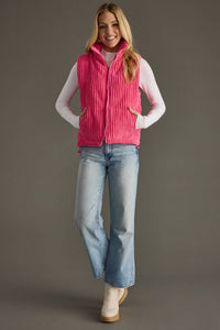 The Brynn Corduroy Puffer Vest – Hot Pink Quilted Layer with Pockets