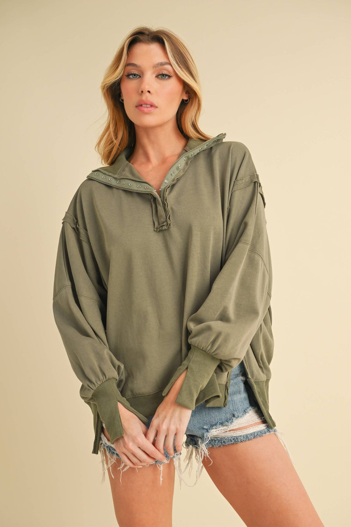 Bria Oversized Snap-Henley Pullover:Olive – Relaxed Athleisure Sweatshirt with Balloon Sleeves