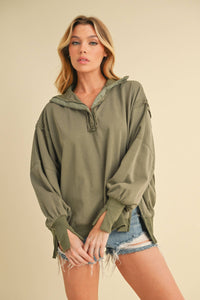 Bria Oversized Snap-Henley Pullover:Olive – Relaxed Athleisure Sweatshirt with Balloon Sleeves