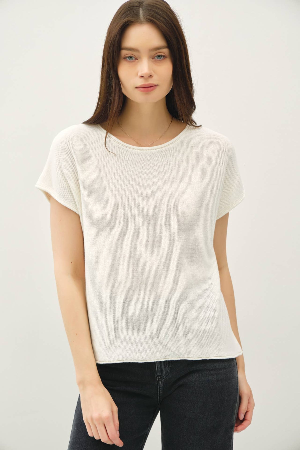 Ayla Comfort Fit Short Sleeve Summer Sweater Top: Off White