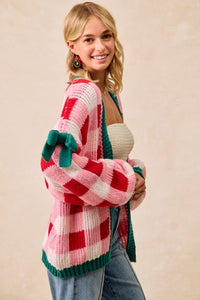 Holly Jolly Check Knit Cardigan – Pink & Red Plaid Christmas Sweater with Ribbon Detail