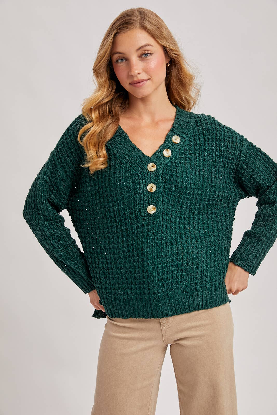 THERMAL HENELY SWEATER TOP: BEIGE / M/L