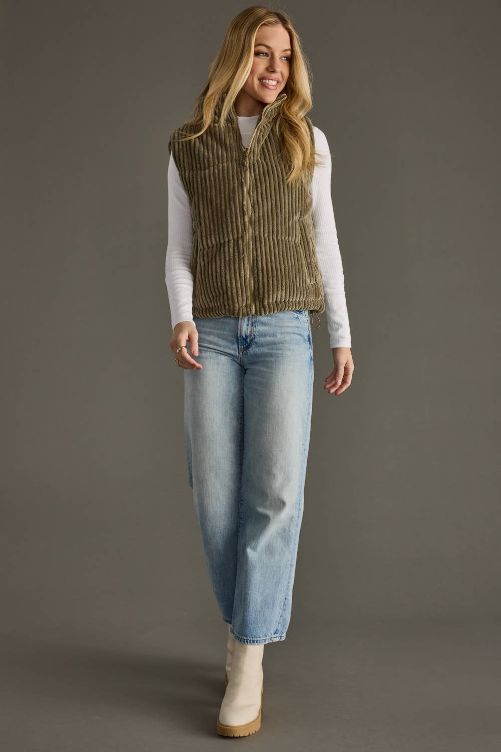The Brynn Corduroy Puffer Vest – Olive Quilted Layer with Pockets