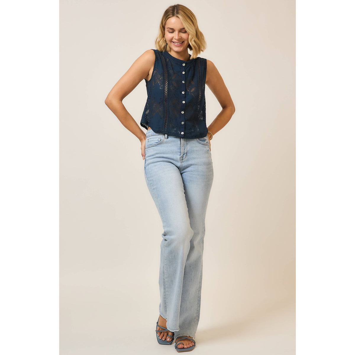 The Isla Lace Button Tank: Navy