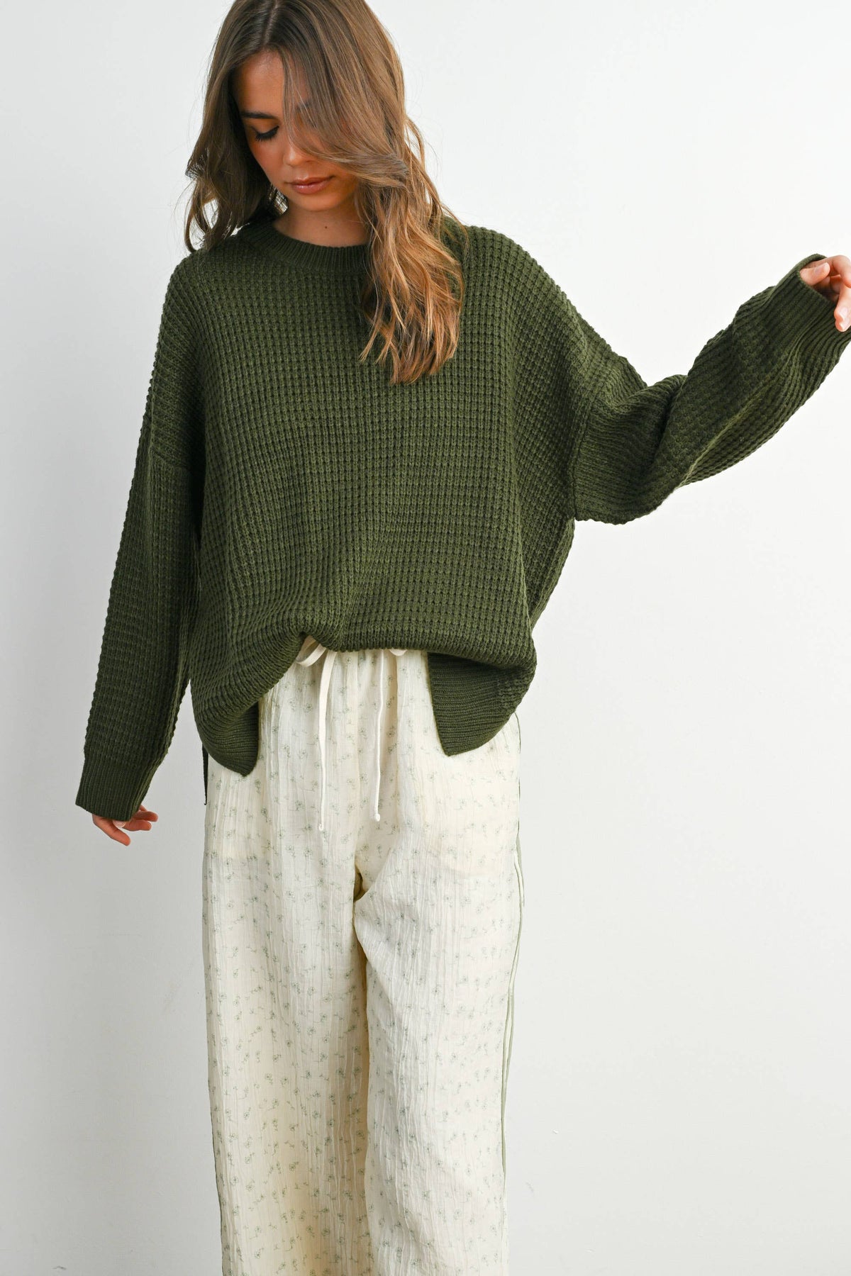 Everyday Essential Waffle Knit Sweater: Olive
