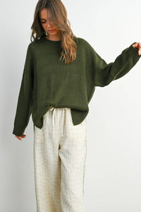 Everyday Essential Waffle Knit Sweater: Olive