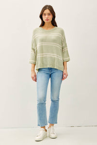 The Margot Double Stripe Knit Sweater: Sage  – Relaxed Lightweight Everyday Top