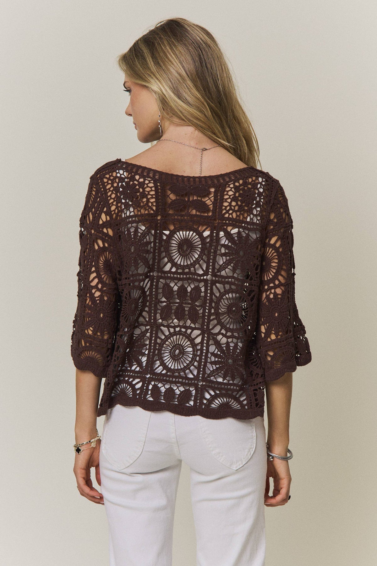 Bristol Crochet Boxy Knit Top: Chocolate Brown
