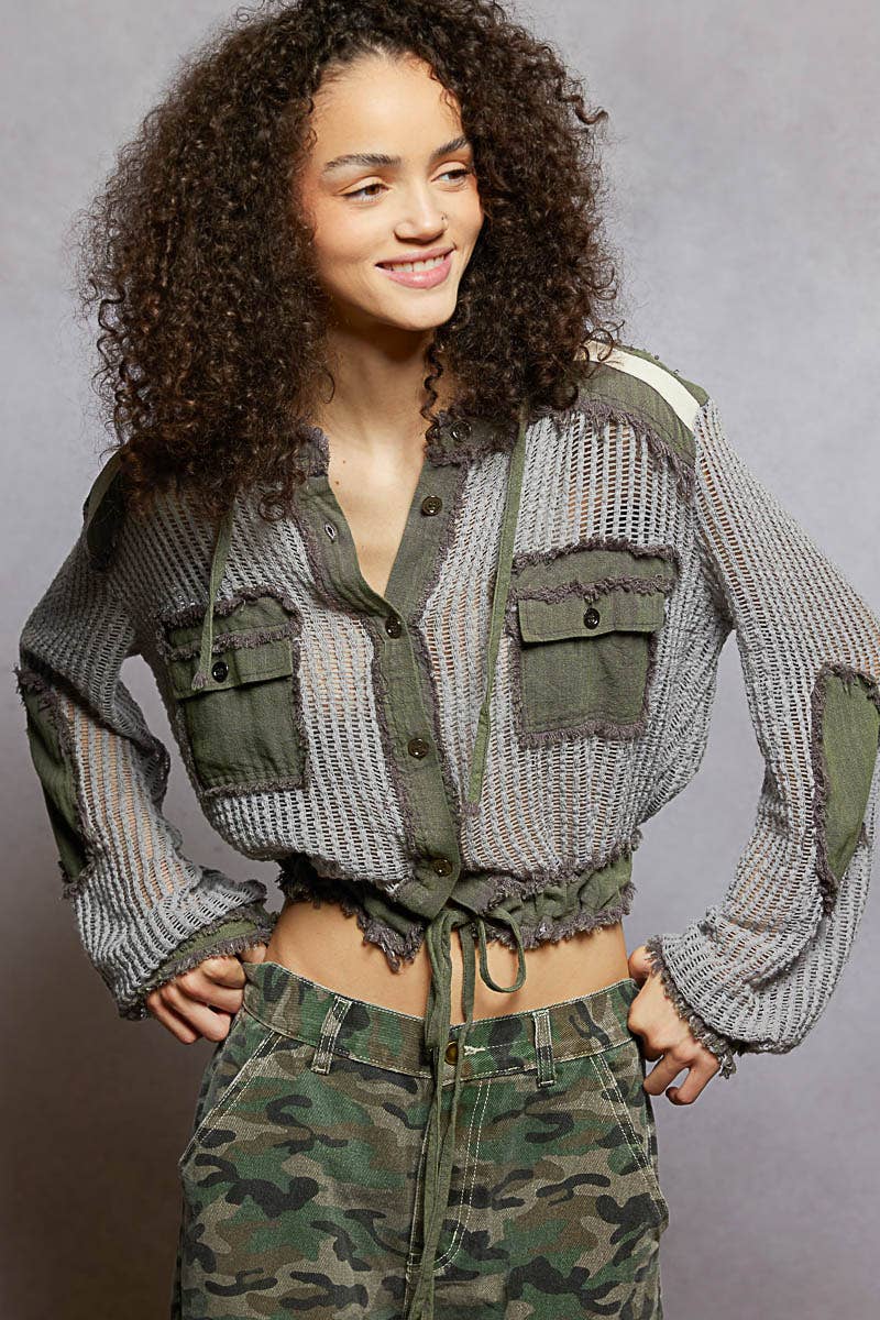 The Maverick Mesh Utility Jacket: Grey/Multi  – Cropped Frayed Hooded Layering Top