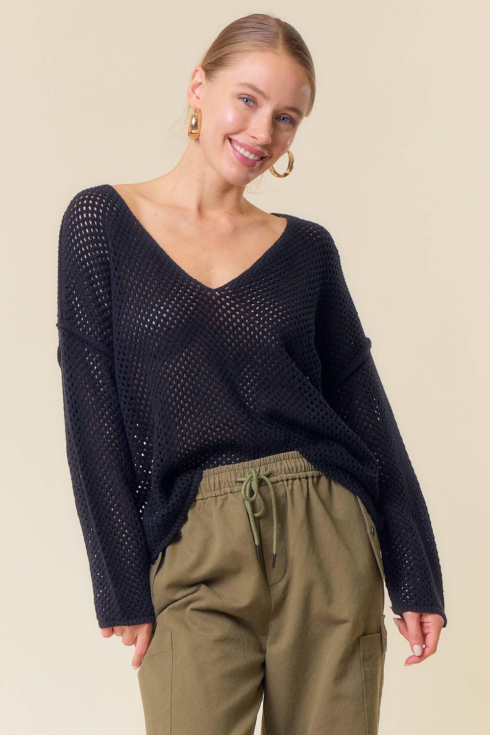 Ivy V-Neck Long Sleeve Fishnet Sweater Knit Top