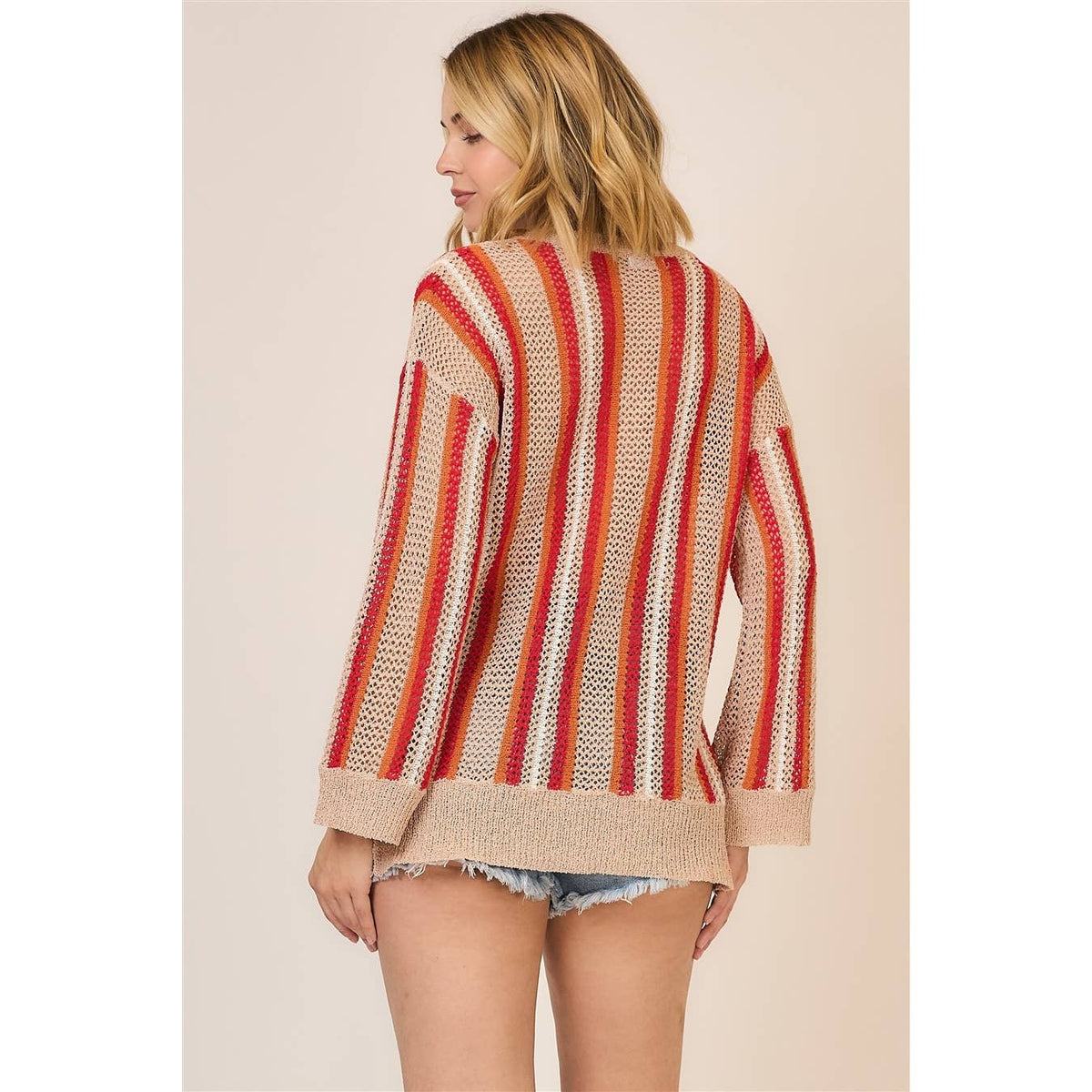 Sunset Stripe Open Knit Sweater: Taupe/ Tomato