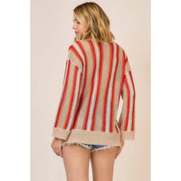Sunset Stripe Open Knit Sweater: Taupe/ Tomato