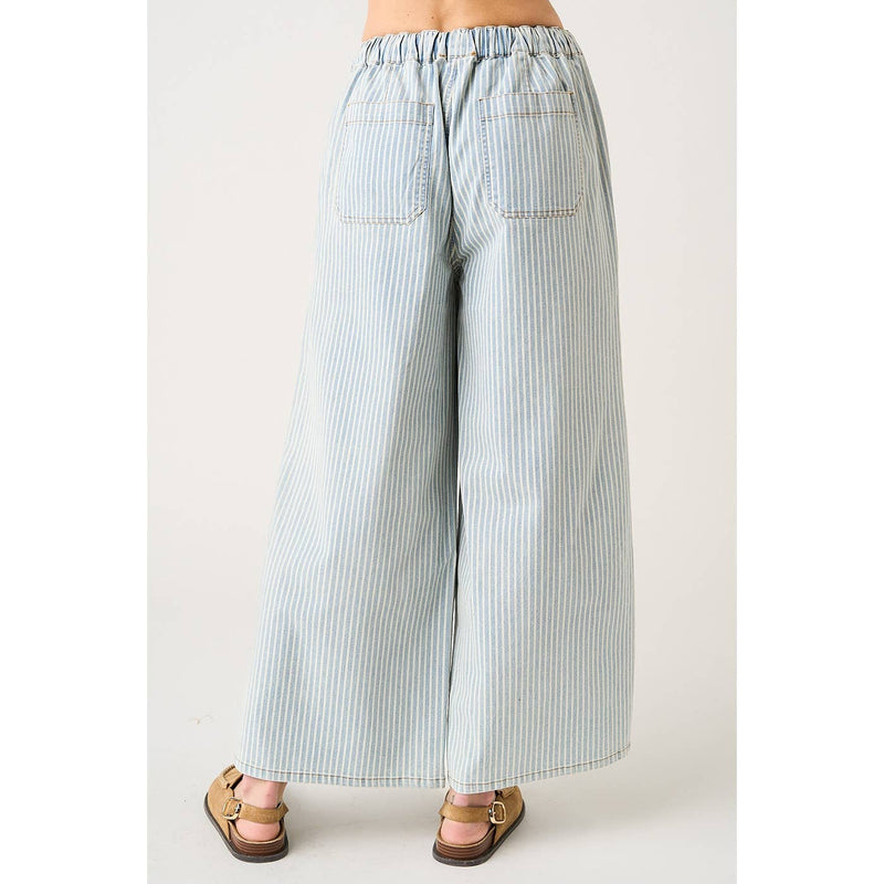 Maribel Striped Wide Leg Pants – Women’s Lightweight Drawstring Waist Casual Denim Pants