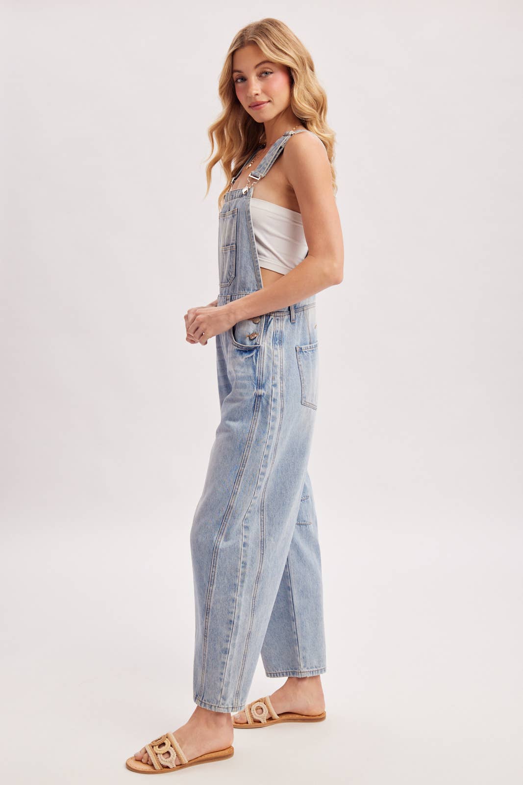 The Remi Barrel Leg Denim Overalls: Lt Wash  – Relaxed Wide Leg Casual Overalls