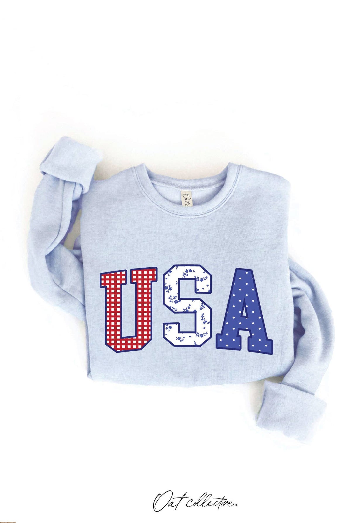 USA Graphic Sweatshirt : Light Blue – Patriotic Fleece Crewneck Pullover Relaxed Fit