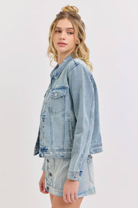 The Maggie Cropped Denim Jacket – Women’s Frayed Hem Button-Down Jean Jacket
