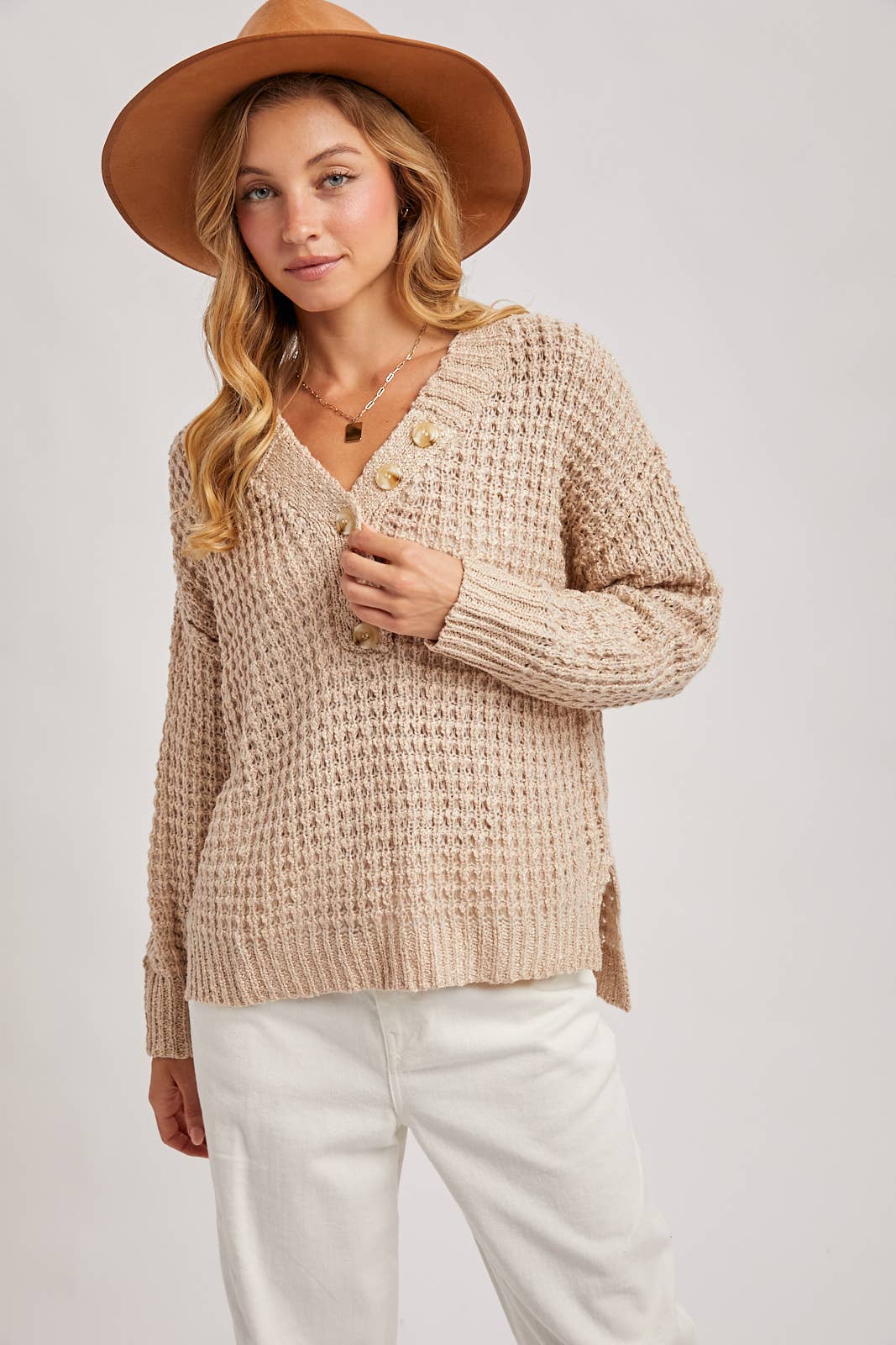 owan Button-Front Thermal Sweater Top – Cozy Knit Henley, Neutral Fall Sweater | Northern Belle Boutique