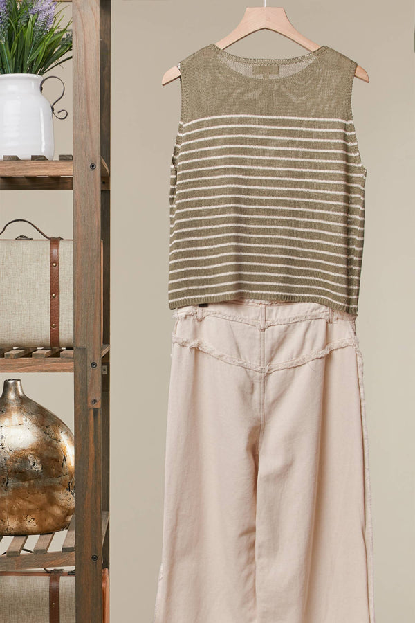 The Sutton Striped Knit Tank: Olive  – Sleeveless Lightweight Everyday Sweater Top