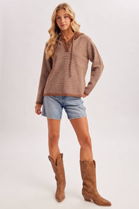 Off the Clock Striped Sweater Hoodie: Cocoa/Cream