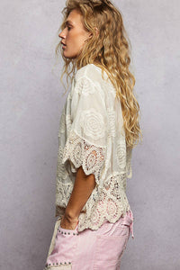 Crochet Trim Neckline Short Sleeve Jacket Top: TAUPE / Os