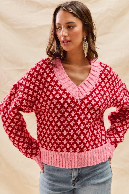 Poppy V-Neck Textured Holiday Sweater – Pink & Red Colorblock Knit Top