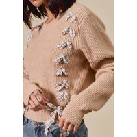 Harper Plaid Bow Detail Sweater: Taupe