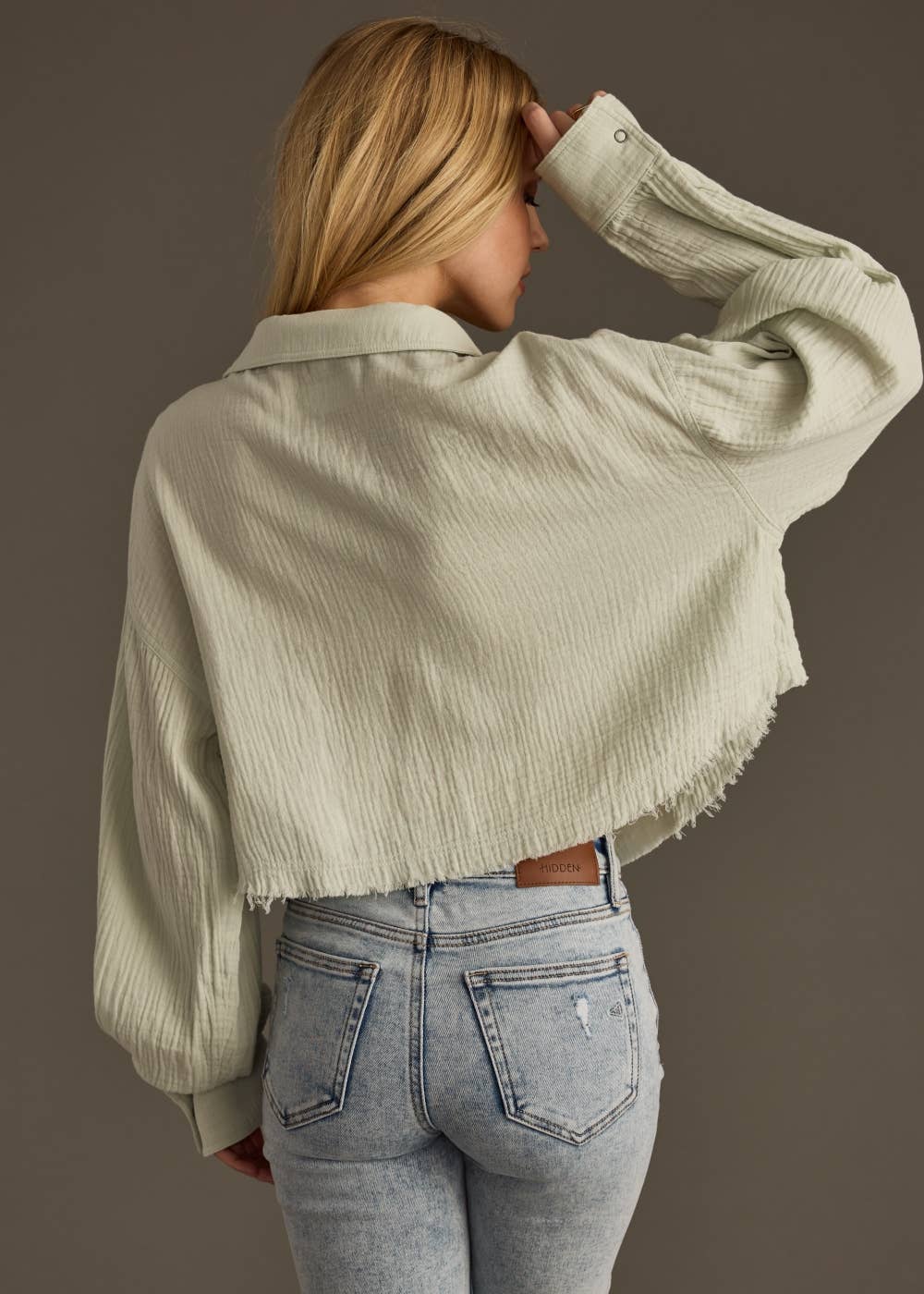 Farrah Sage Gauze Light Weight Button Up Long Sleeve Blouse