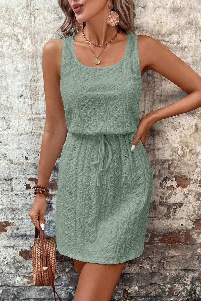 Mae Eyelet Texture Sleeveless Dress – Sage Green Drawstring Waist
