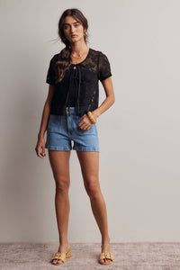 The Rosalie Floral Lace Top: Black – Scoop Neck Tie Front Feminine Blouse