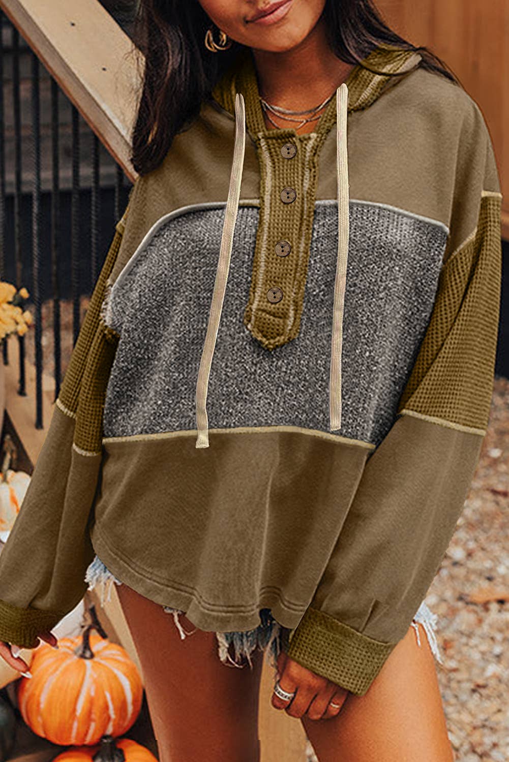 Oakley Mixed Texture Patchwork Hoodie – Button Front Exposed Seam Sweatshirt (S–XL)