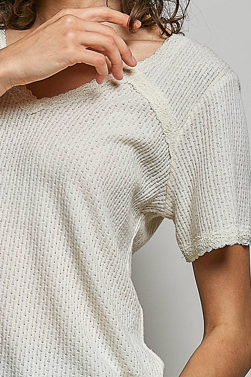 The Clara Lace Trim V Neck Top: Natural – Short Sleeve Textured Knit Everyday Basic