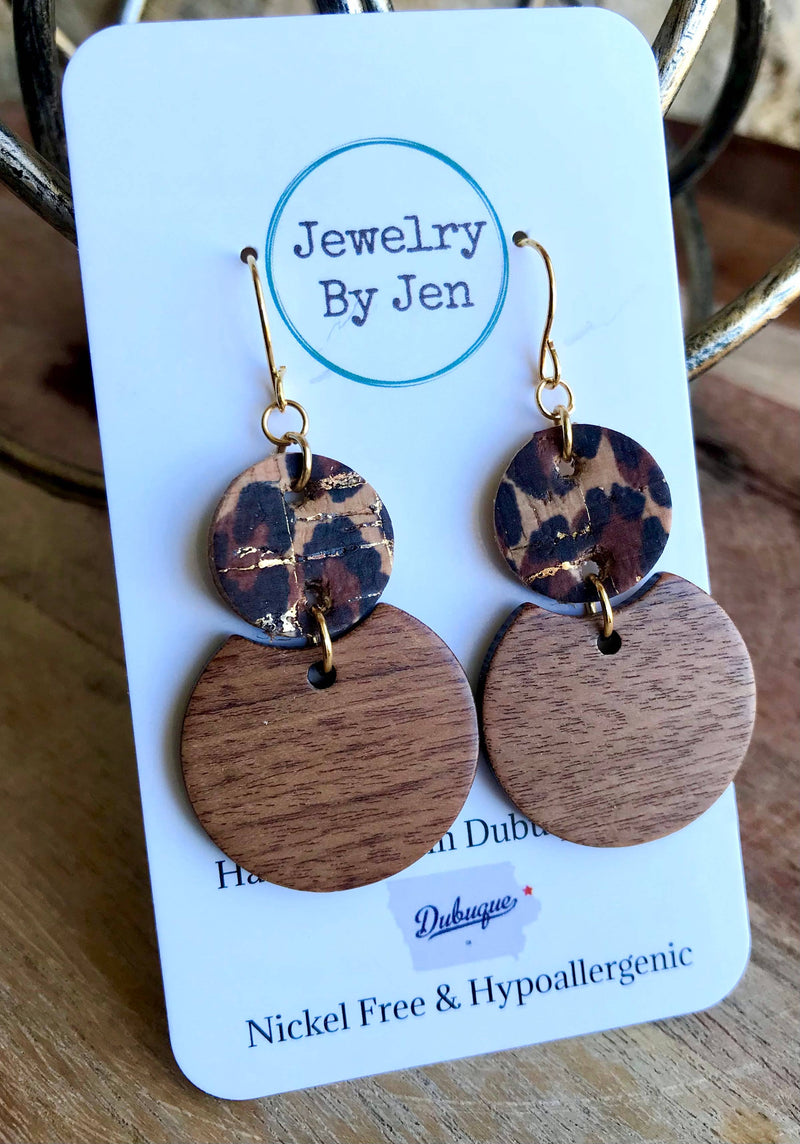 Sonora Cork & Wood Circle Earrings – Lightweight Genuine Leather, Nickel-Free Hypoallergenic Jewelry