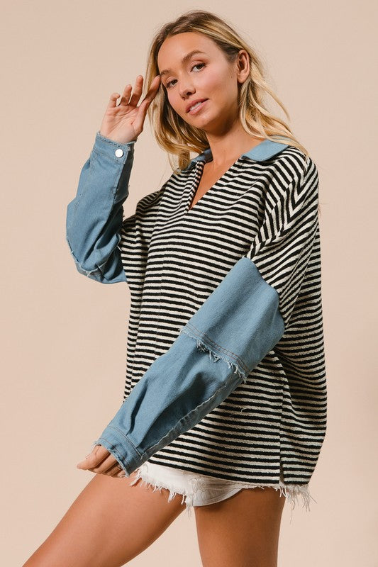 Maria Stripe Denim Sleeve Long Sleeve Top: Black