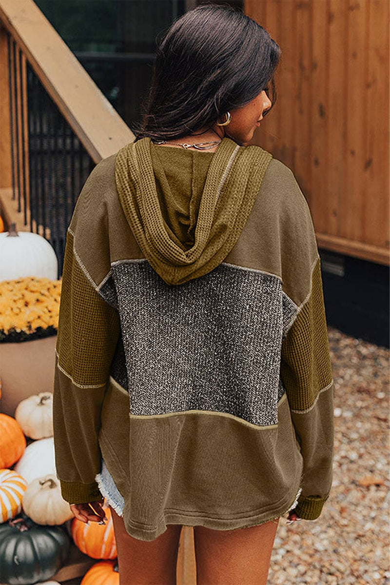 Oakley Mixed Texture Patchwork Hoodie – Button Front Exposed Seam Sweatshirt (S–XL)