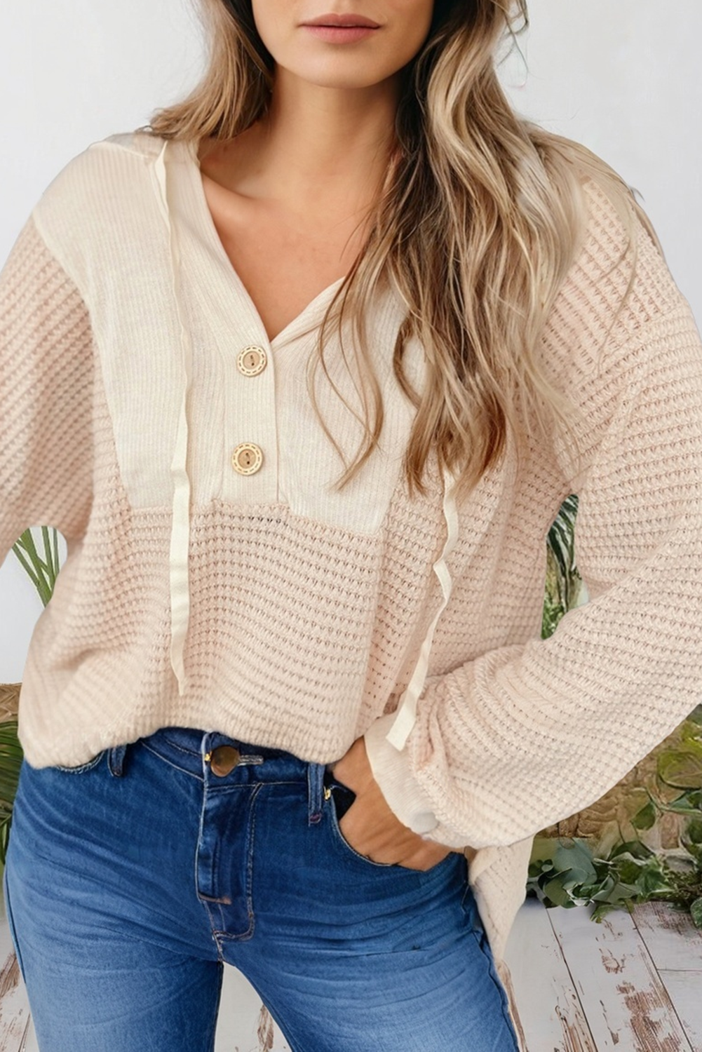 Hadley Waffle Knit Hooded Top – Drop Shoulder Patchwork Pullover (S–XL)