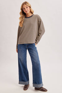 On Repeat Stripe Oversized Long Sleeve Top: Ash