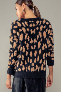 Cora Fuzzy Animal Print Crew Sweater: Black