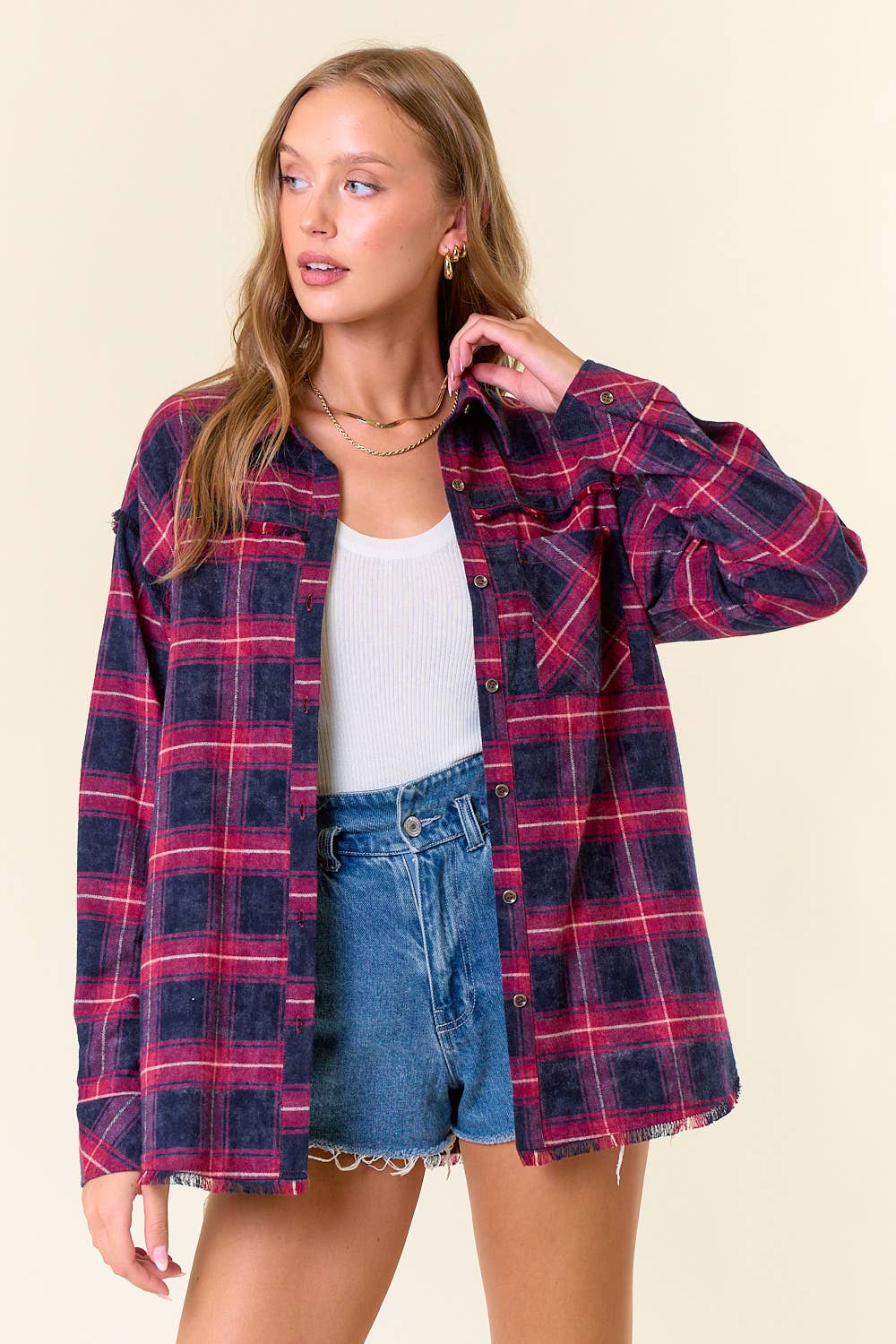 Rory Fringe Hem Flannel: Black/Brown – Oversized Plaid Button Down Shirt