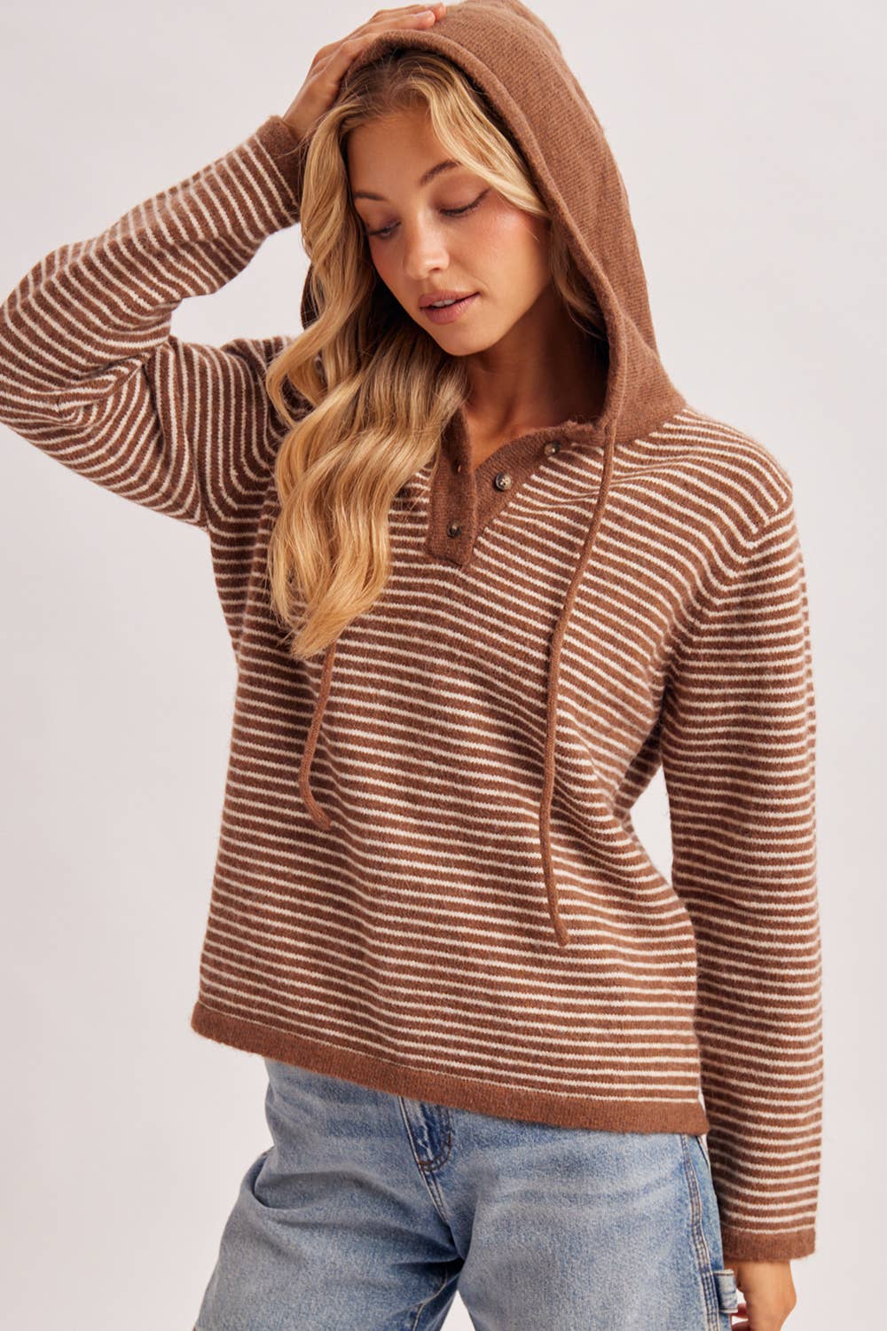 Off the Clock Striped Sweater Hoodie: Cocoa/Cream