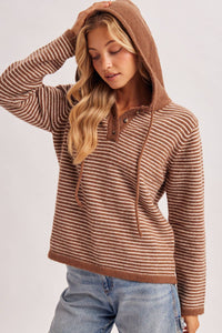 Off the Clock Striped Sweater Hoodie: Cocoa/Cream