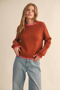 The Rosalie Contrast Stitch Puff Sleeve Sweater: Brown Sugar– Cozy Knit Long Sleeve Top