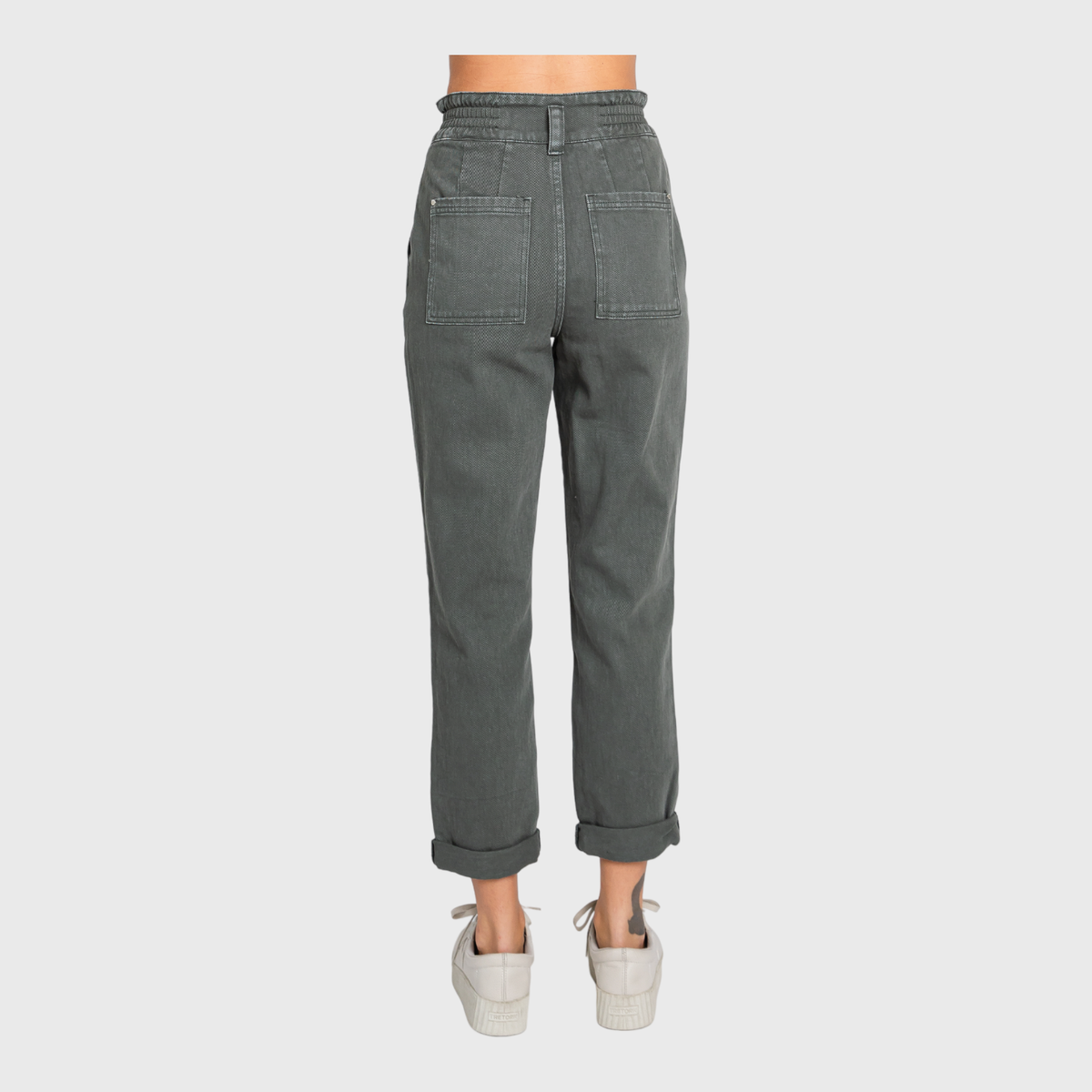 Millie Paperbag Waist Mom Jeans – High Rise Cuffed Denim in Washed Olive