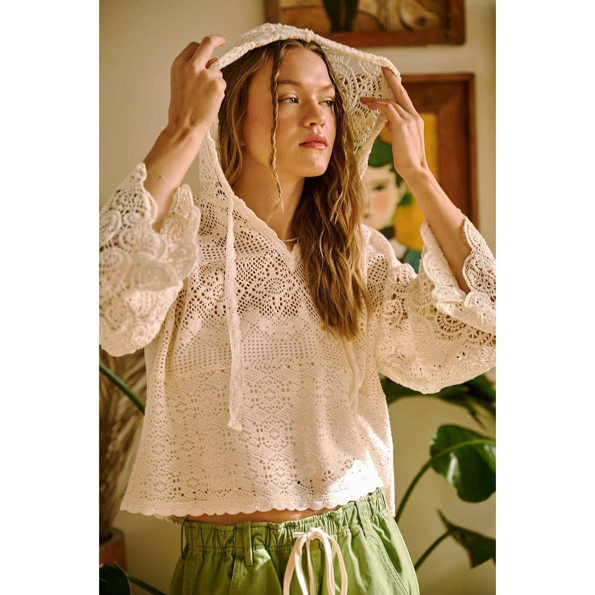 CROCHET LACE BOHO LONG SLEEVE HOODIE TOP: NATURAL / S-M-L(2-2-2)