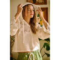 CROCHET LACE BOHO LONG SLEEVE HOODIE TOP: NATURAL / S-M-L(2-2-2)