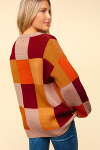 Autumn Vines Cozy Checkered Pullover Sweater: Taupe/ Burnt Orange/ Wine