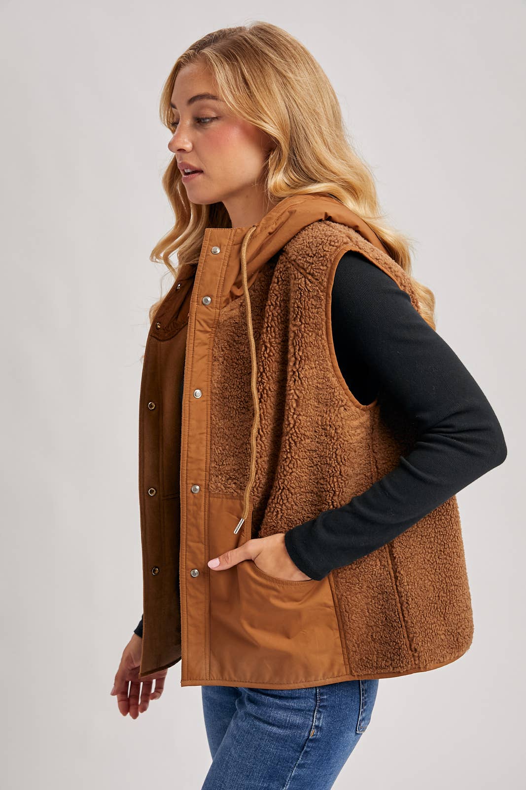 Timberline Teddy Hooded Vest – Mixed Media Sherpa Layering Piece | Northern Belle Boutique
