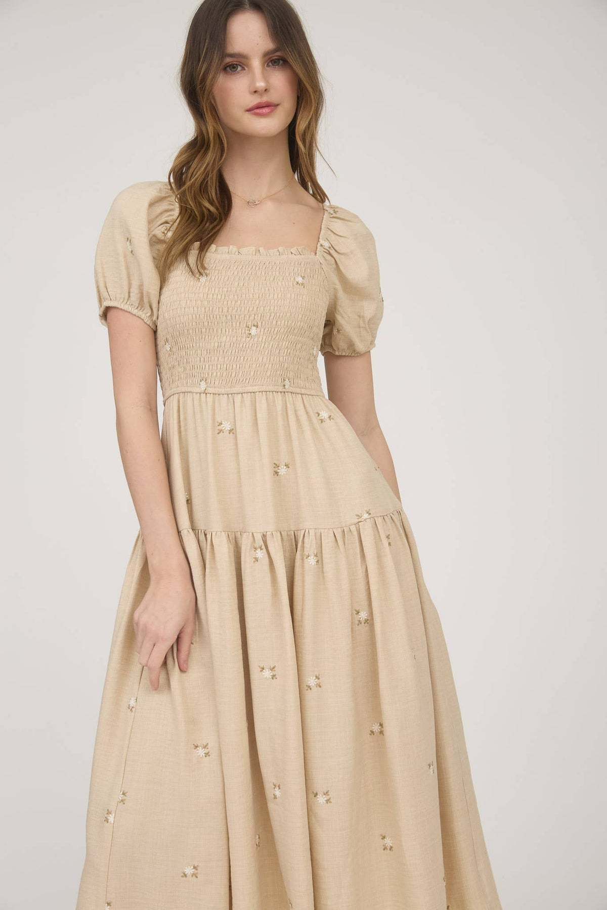 The Elsie Embroidered Smocked Midi Dress – Square Neck Puff Sleeve Cream Floral Dress