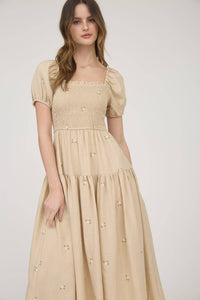The Elsie Embroidered Smocked Midi Dress – Square Neck Puff Sleeve Cream Floral Dress
