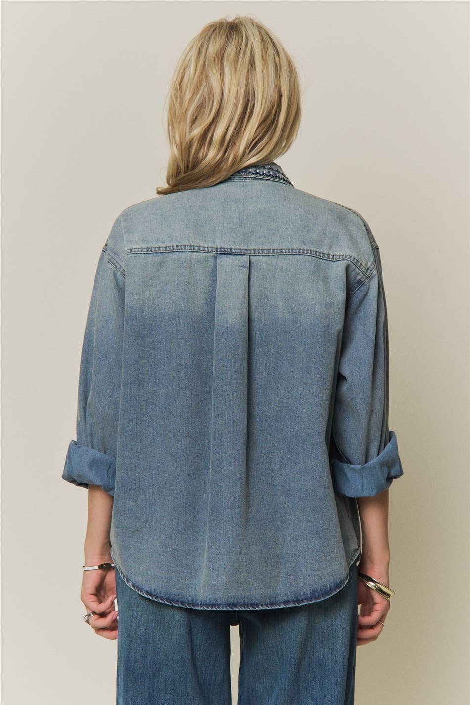 Maren Embroidered Denim Button-Up Shacket: Medium Wash