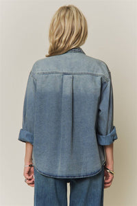 Maren Embroidered Denim Button-Up Shacket: Medium Wash
